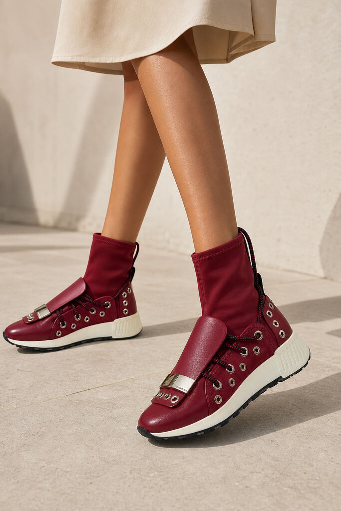 Red High-Top Sneaker with Unique Lace Detail