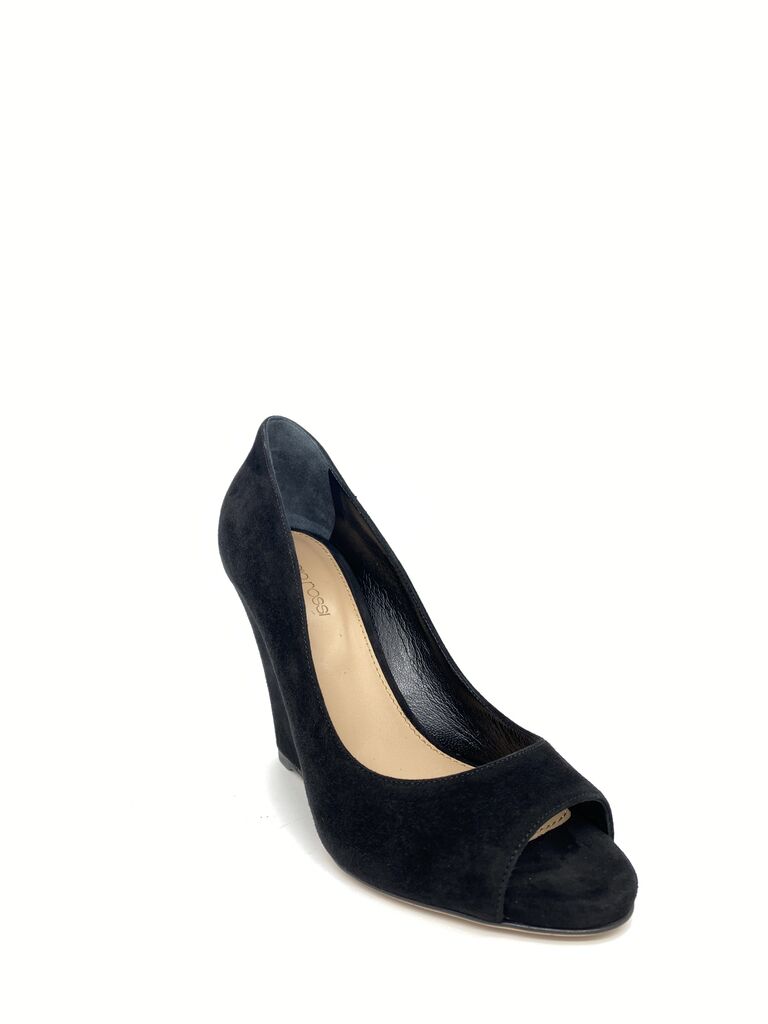Black Suede Wedge Peep Toe Shoe