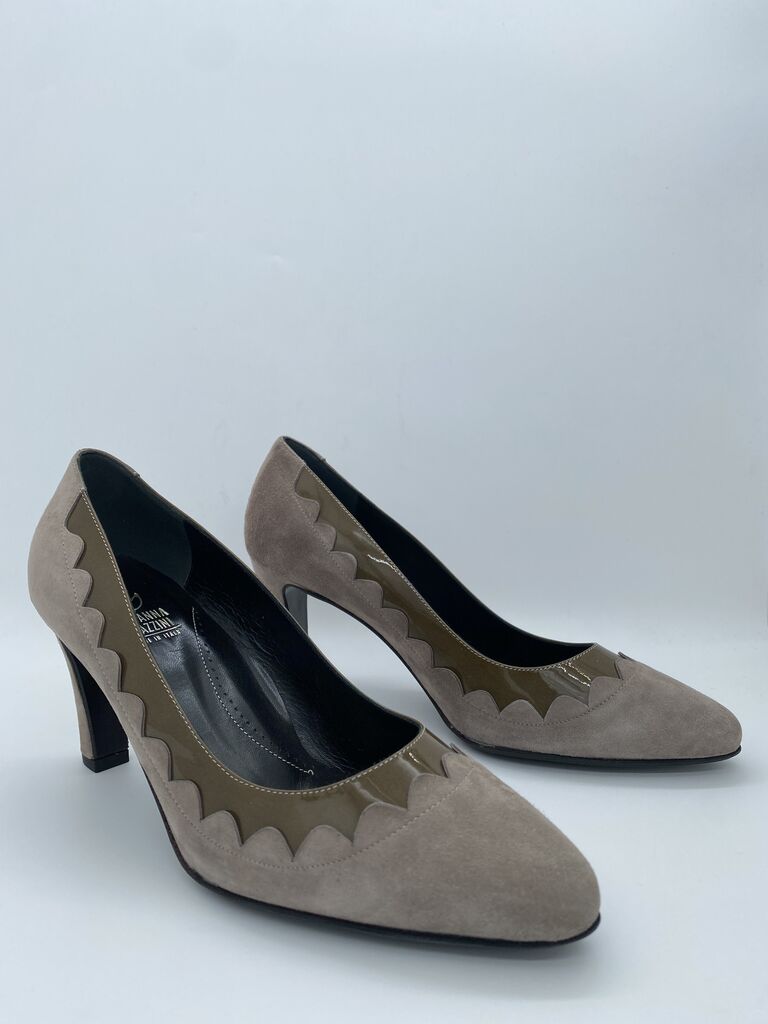 Taupe Suede Pumps with Scalloped Trim