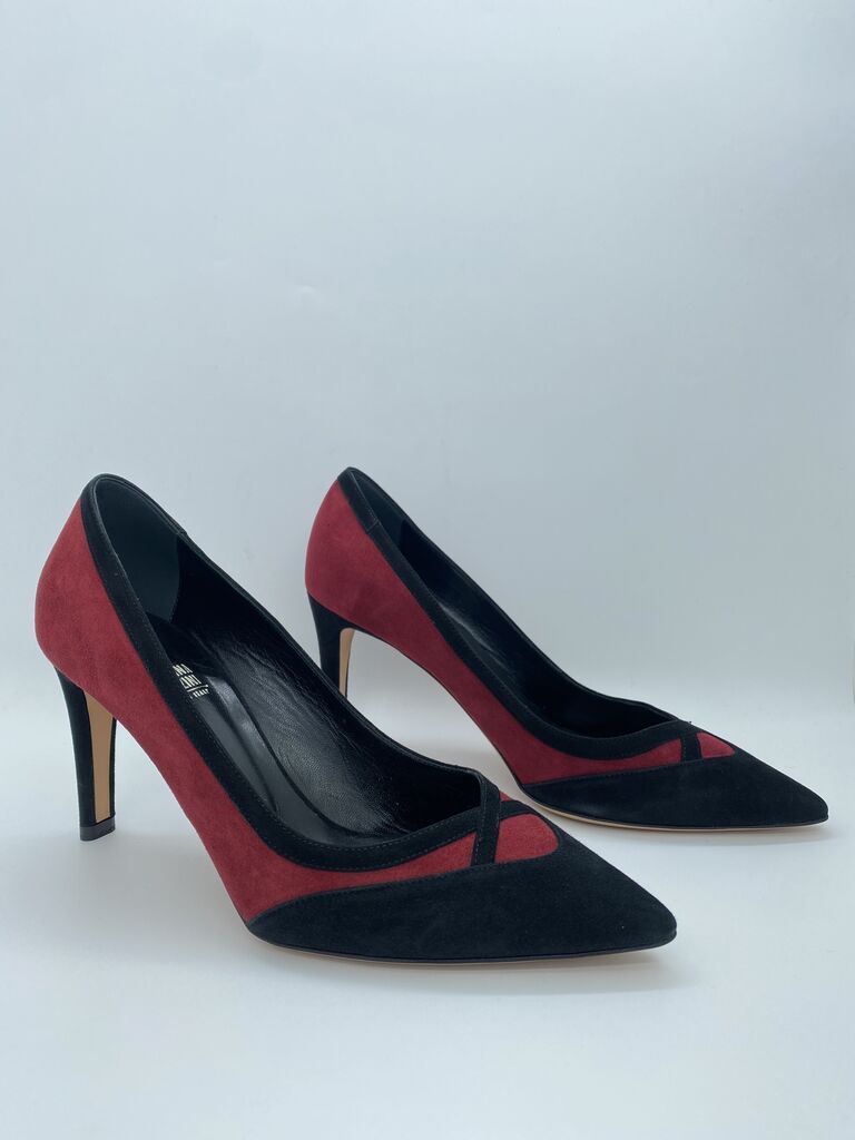 Red and Black Suede Pumps with Pointed Toe