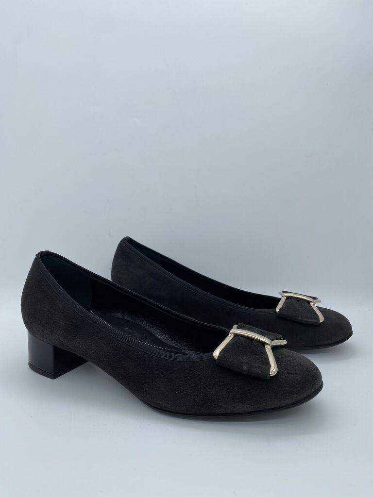 Black Suede Block Heel Loafers with Gold Buckle