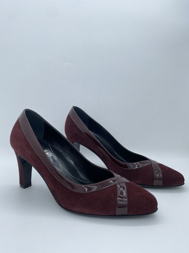 Burgundy Suede & Patent Leather Heels with Mid Heel