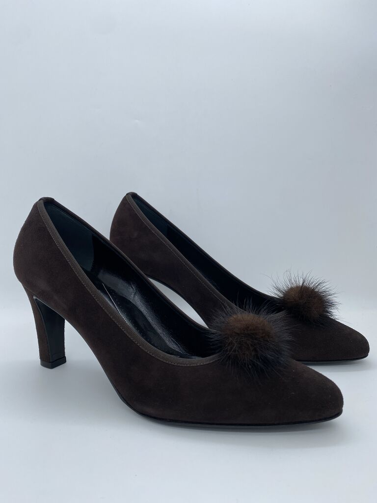 Brown Suede Heels with Pom-Pom Embellishment