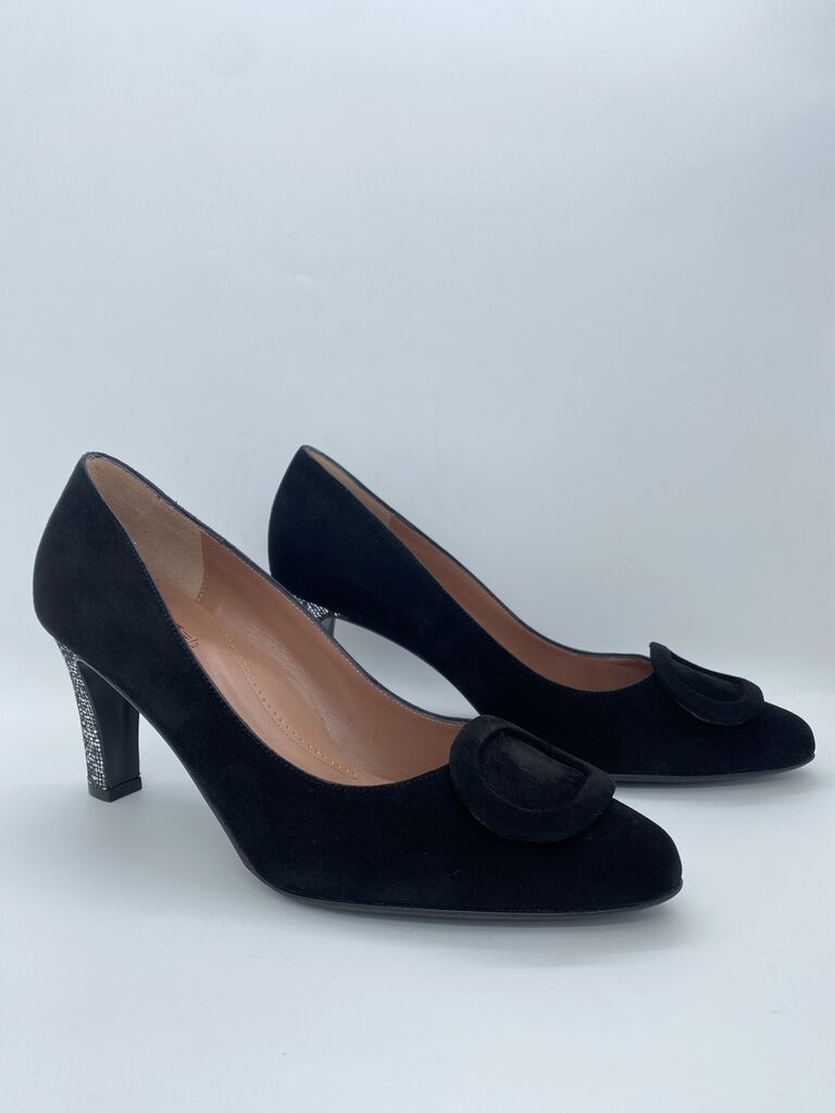 Black Suede Heels with Embellished Heel