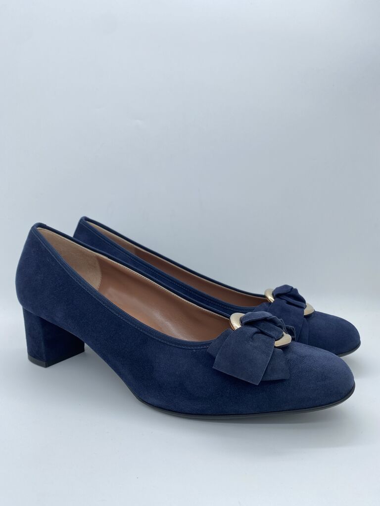 Navy Suede Block Heel Pumps with Bow Accent