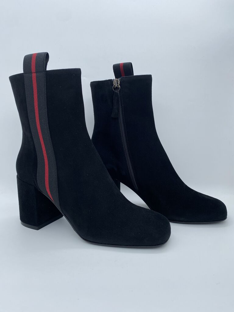 Black Suede Ankle Boots with Red Stripe