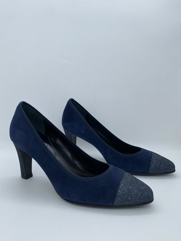 Navy Suede Heels with Glitter Toe Cap