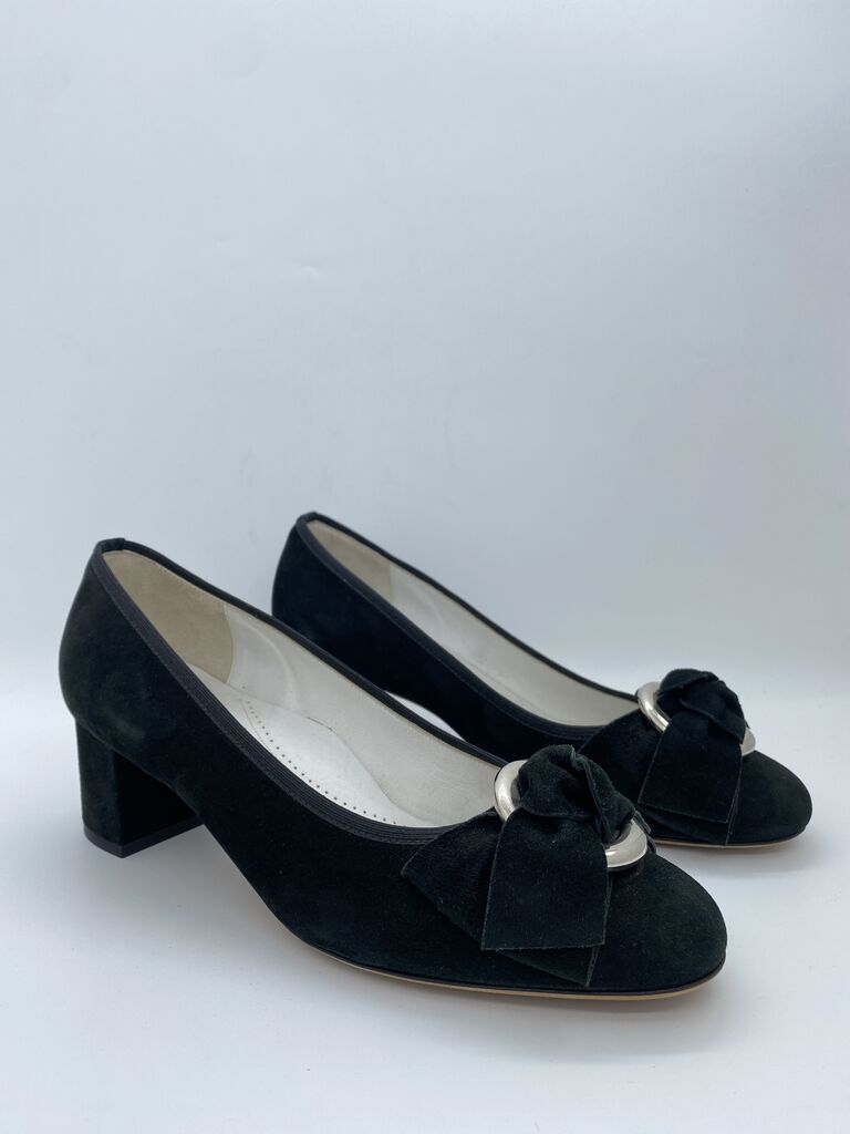 Black Suede Block Heel Pumps with Bow Accent