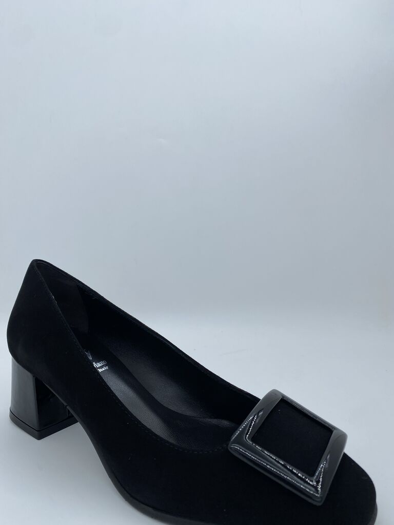 Black Textured Block Heel Pumps with Decorative Buckle
