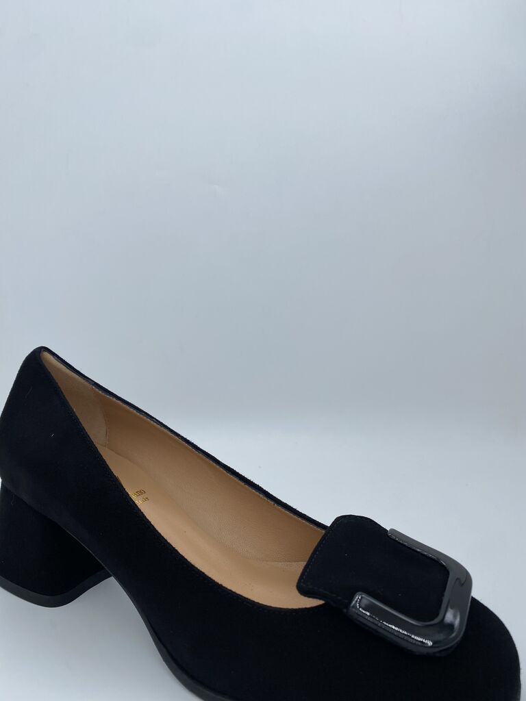 Black Suede Block Heel Pumps with Buckle Detail