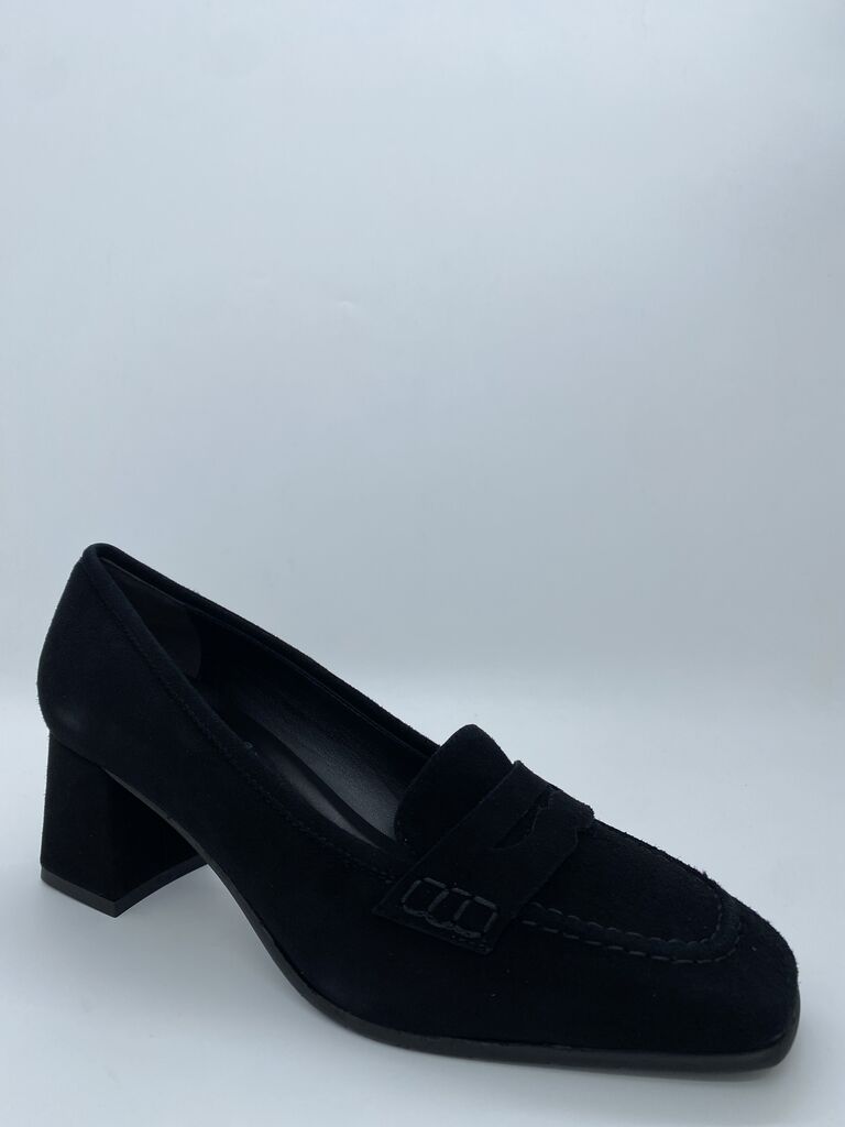 Black Suede Block Heel Loafers with Penny Detail