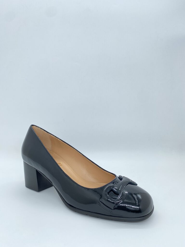 Black Patent Block Heel Loafers with Buckle Detail