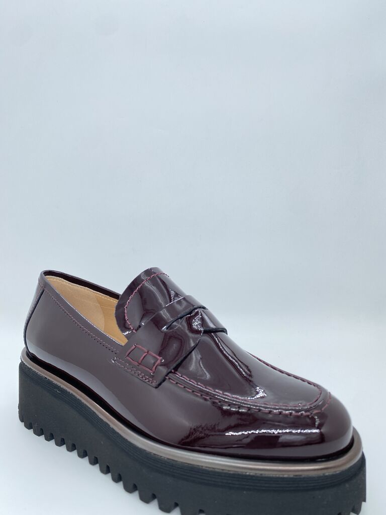 Burgundy Patent Leather Platform Loafer with Chunky Sole