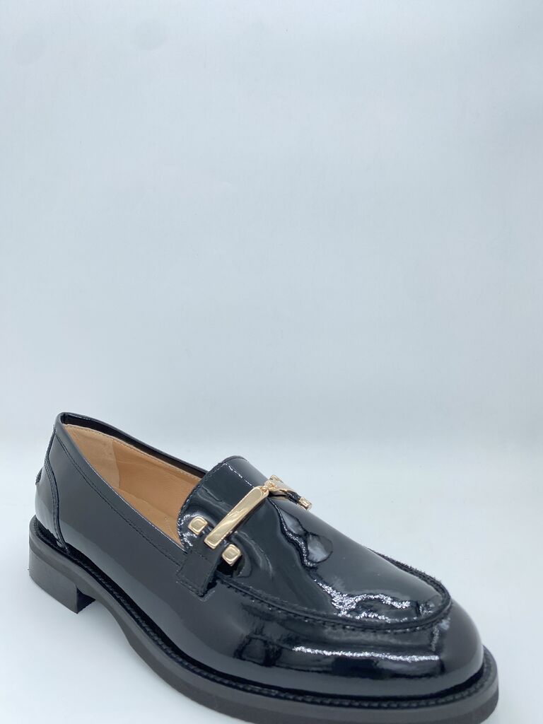 Black Patent Loafer with Gold Accent