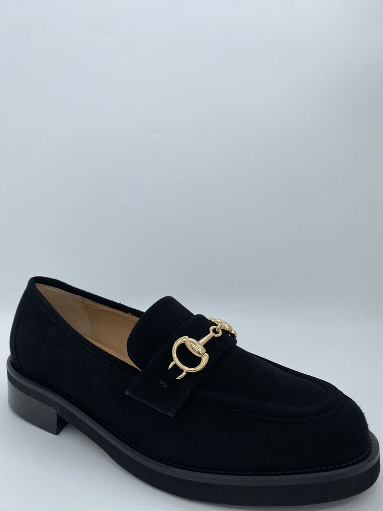 Black Suede Loafers with Gold Bit Detail
