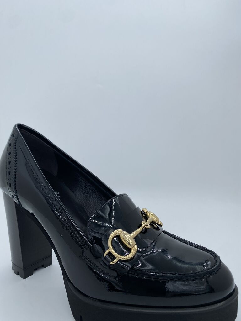 Black Patent Loafers with Gold Accent
