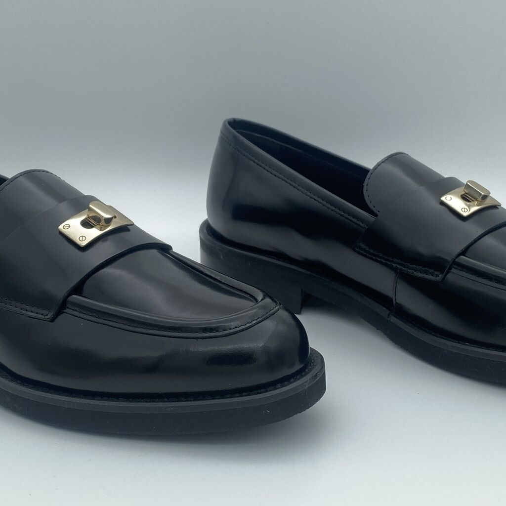 Black Glossy Loafers with Gold Buckle Detail