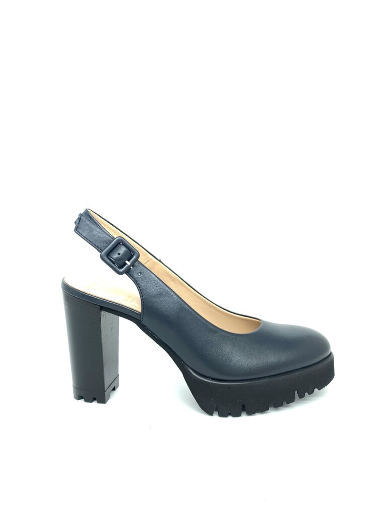 Black Platform Slingback Chunky Heels with Buckle
