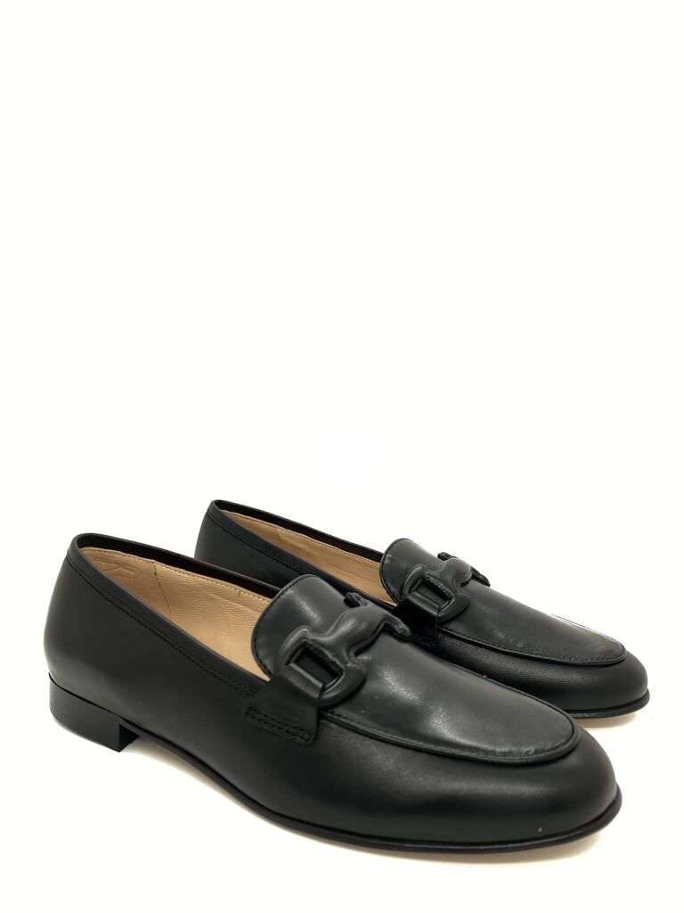 Black Leather Loafers with Elegant Chain Detail
