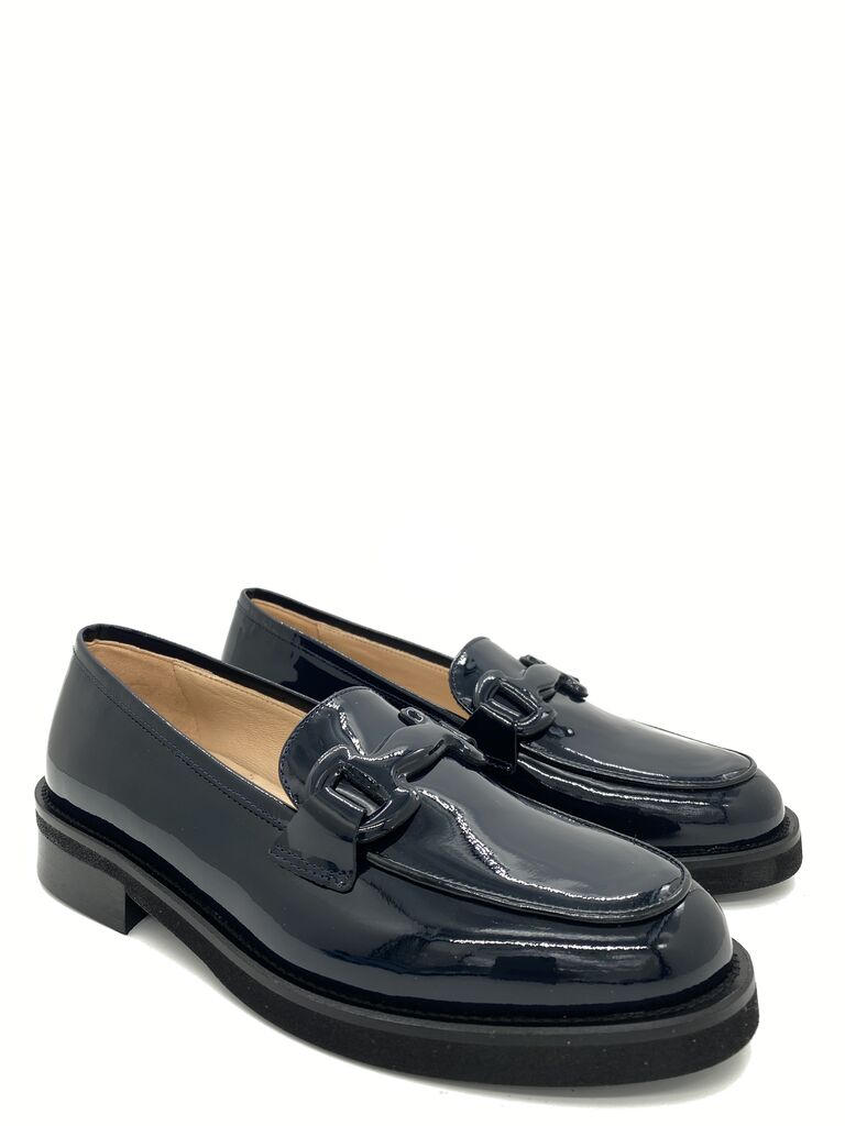 Navy Patent Loafers with Buckle Detail