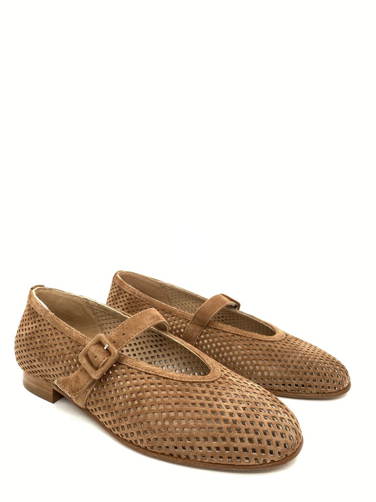 Brown Perforated Suede Flats with Adjustable Strap