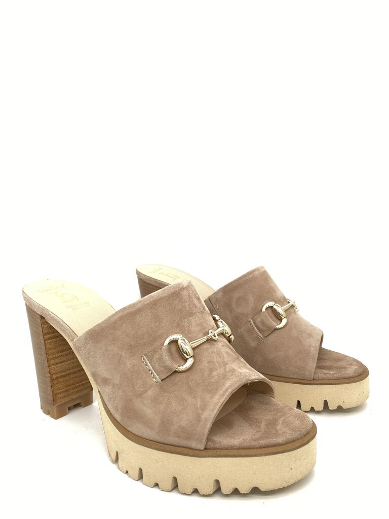 Taupe Suede Platform Heeled Mules with Bit Detail