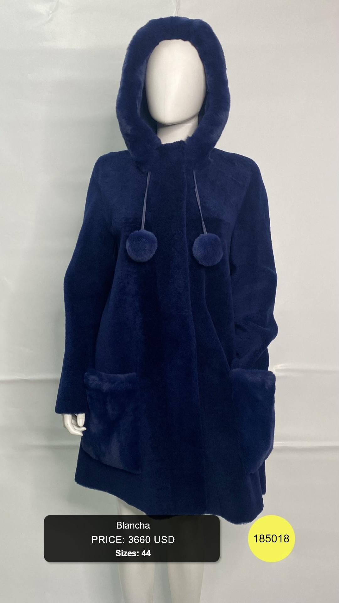 Navy Fur Hooded Coat with Pom Pom Details