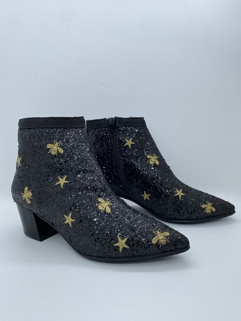 Black Glitter Ankle Boots with Gold Embroidery