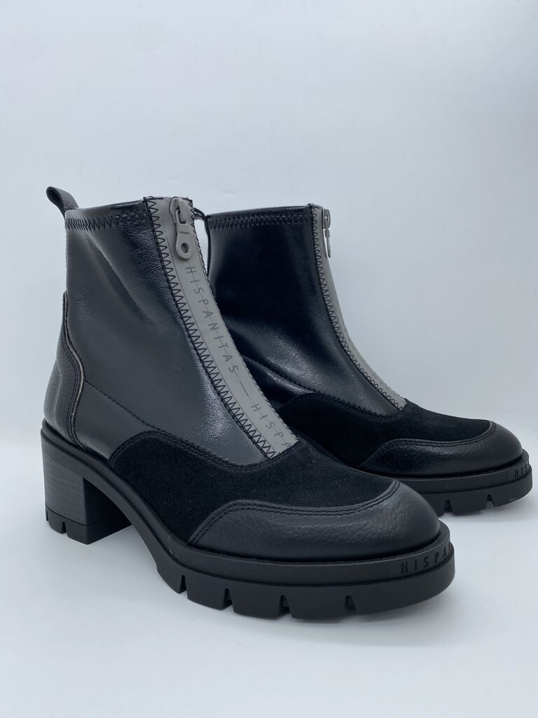 Black Leather Ankle Boots with Front Zipper