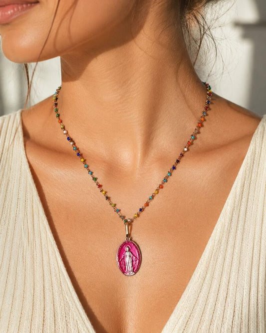 Rainbow Beads Pink Virgin Mary