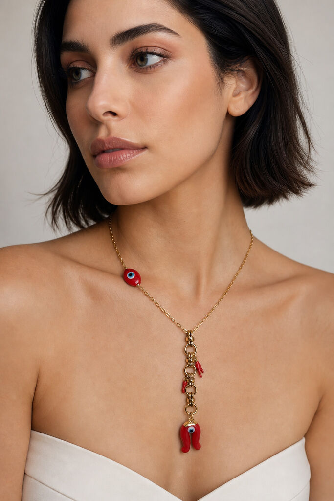 Gold/Red Evil Eye Pepper Charm Chain