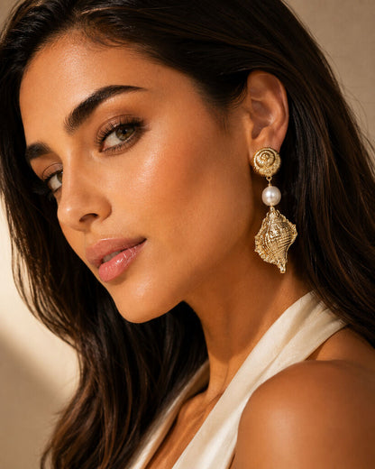 gold shell earrings with pearls