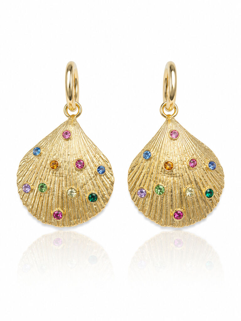 gold shell earrings with colorful strass
