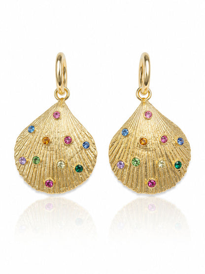 gold shell earrings with colorful strass