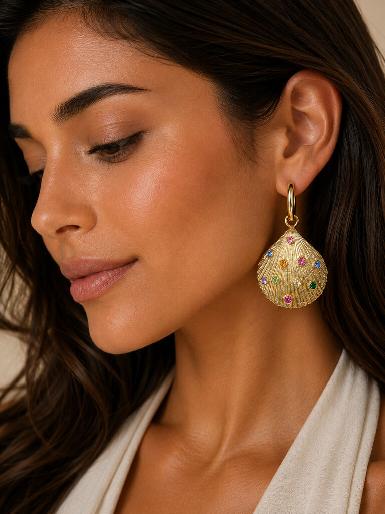 gold shell earrings with colorful strass