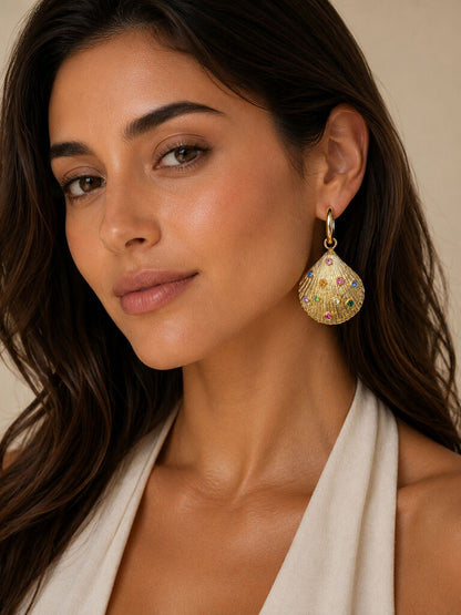 gold shell earrings with colorful strass