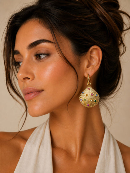gold shell earrings with colorful strass