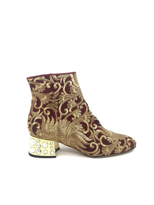 Burgundy Embroidered Ankle Boots with Jewel Heel