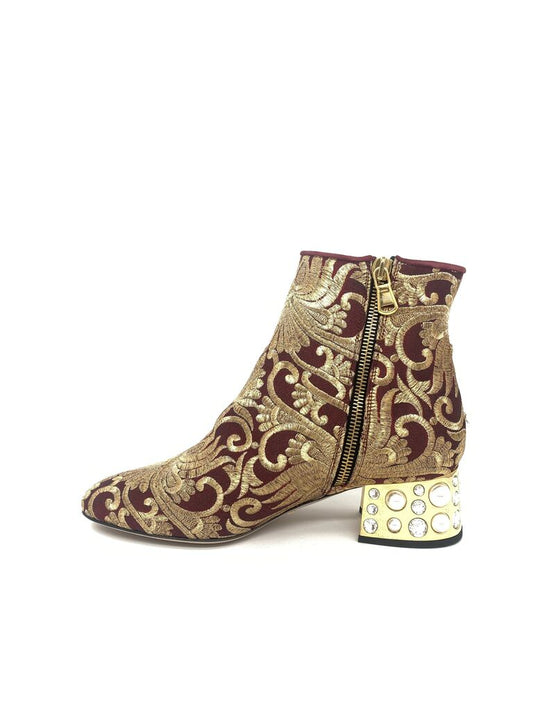 Burgundy Embroidered Ankle Boots with Jewel Heel