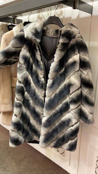 Gray Textured Fur Coat with Chevron Pattern
