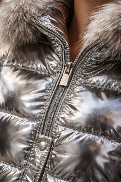 Silver Reversible Nylon Coat with Fur Hood