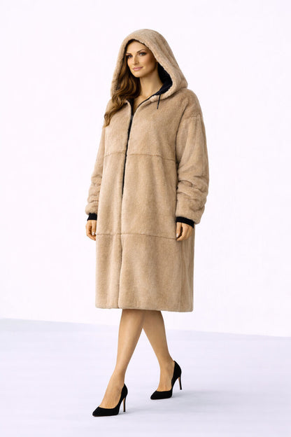 Reversible Fur and Nylon Hooded Coat