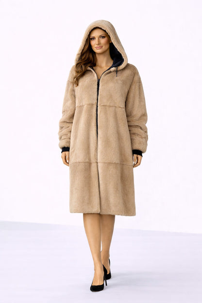 Reversible Fur and Nylon Hooded Coat