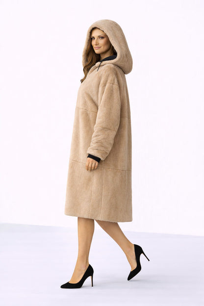Reversible Fur and Nylon Hooded Coat