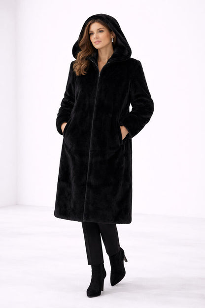 Black Reversible Fur Coat with Hood