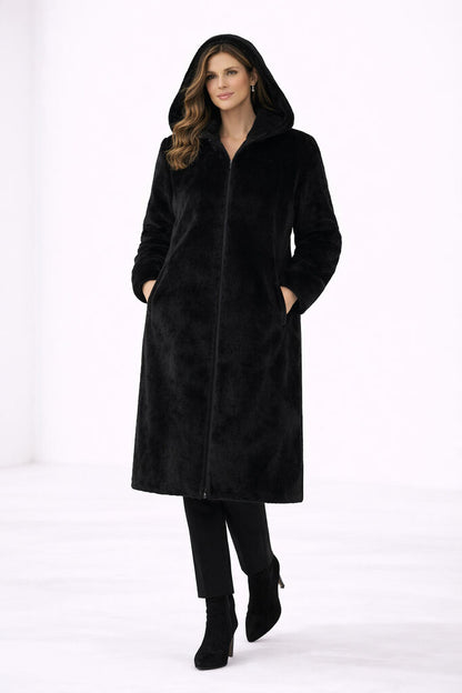 Black Reversible Fur Coat with Hood