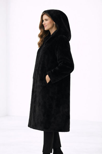 Black Reversible Fur Coat with Hood