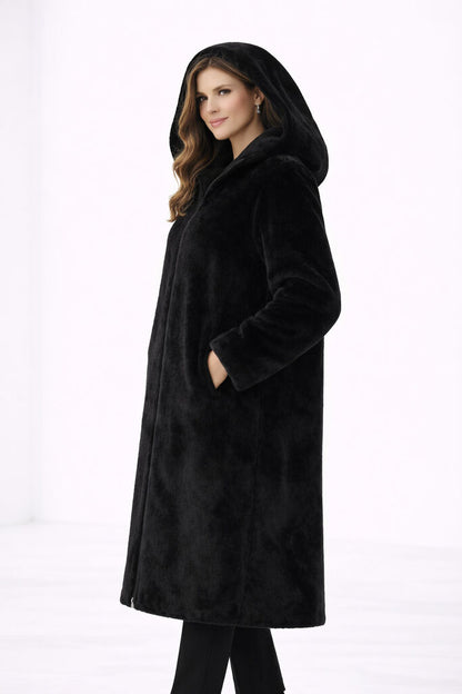 Black Reversible Fur Coat with Hood