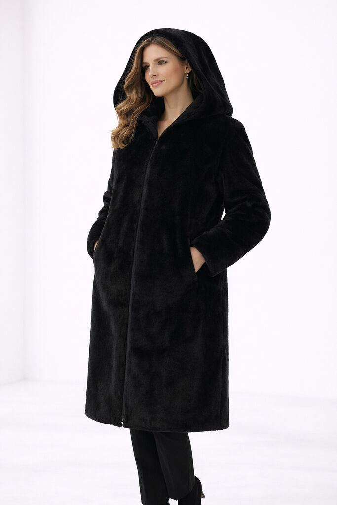 Black Reversible Fur Coat with Hood
