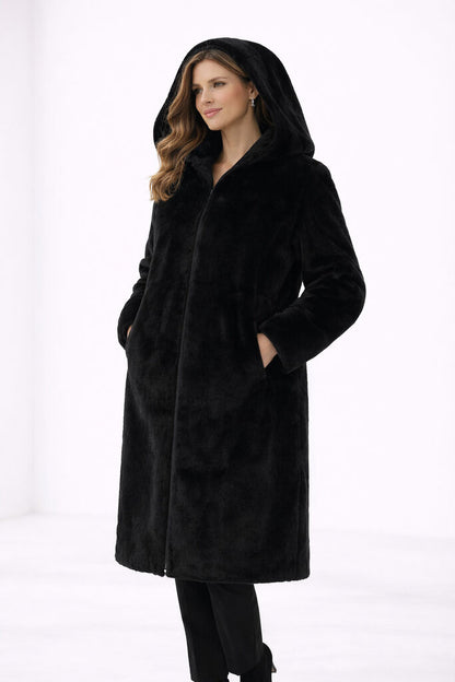 Black Reversible Fur Coat with Hood